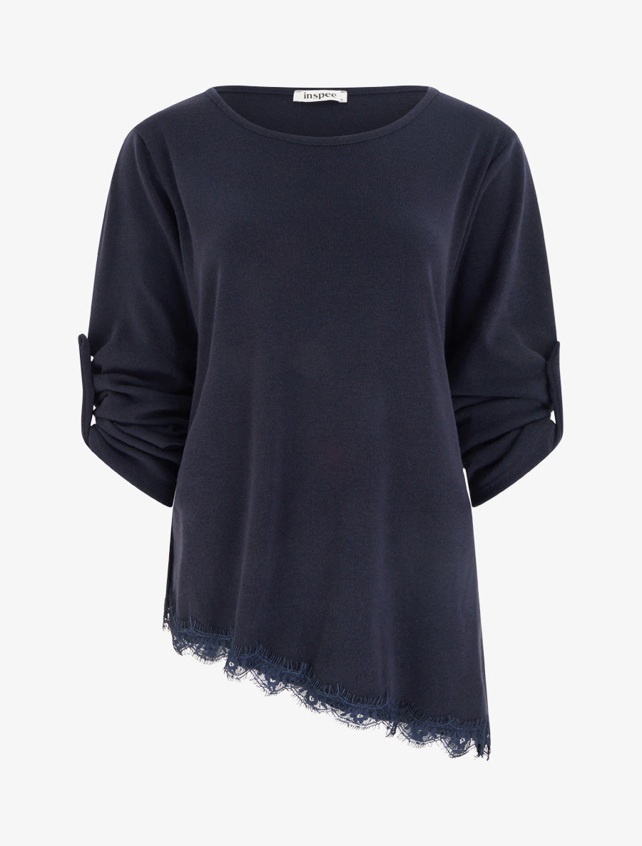 Pull à bords asymétriques et dentelle - Marine - 1