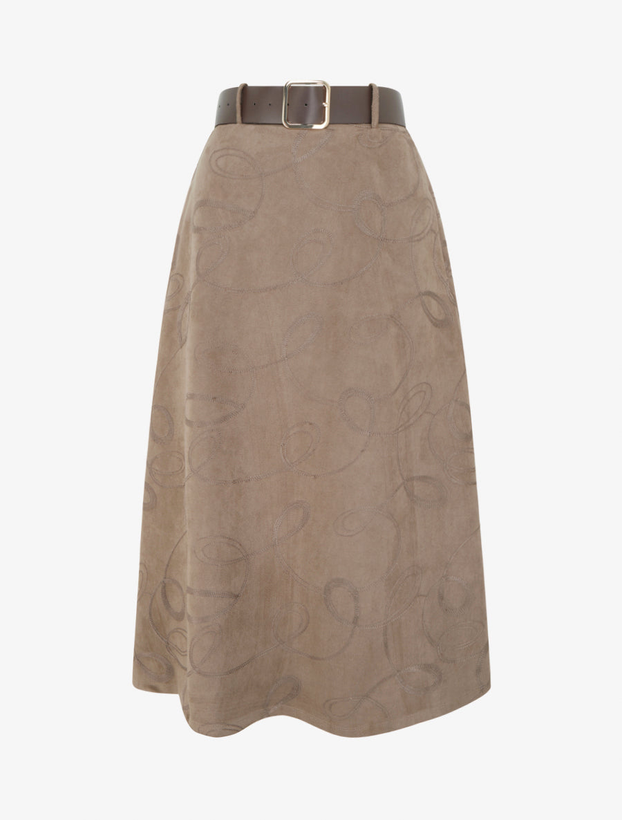 Jupe longue en suédine à broderies fantaisies - Taupe - 1