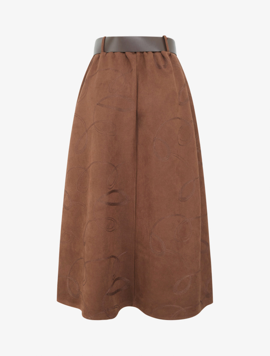 Jupe longue en suédine à broderies fantaisies - Marron - 2
