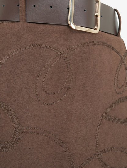 Jupe longue en suédine à broderies fantaisies - Chocolat - 3