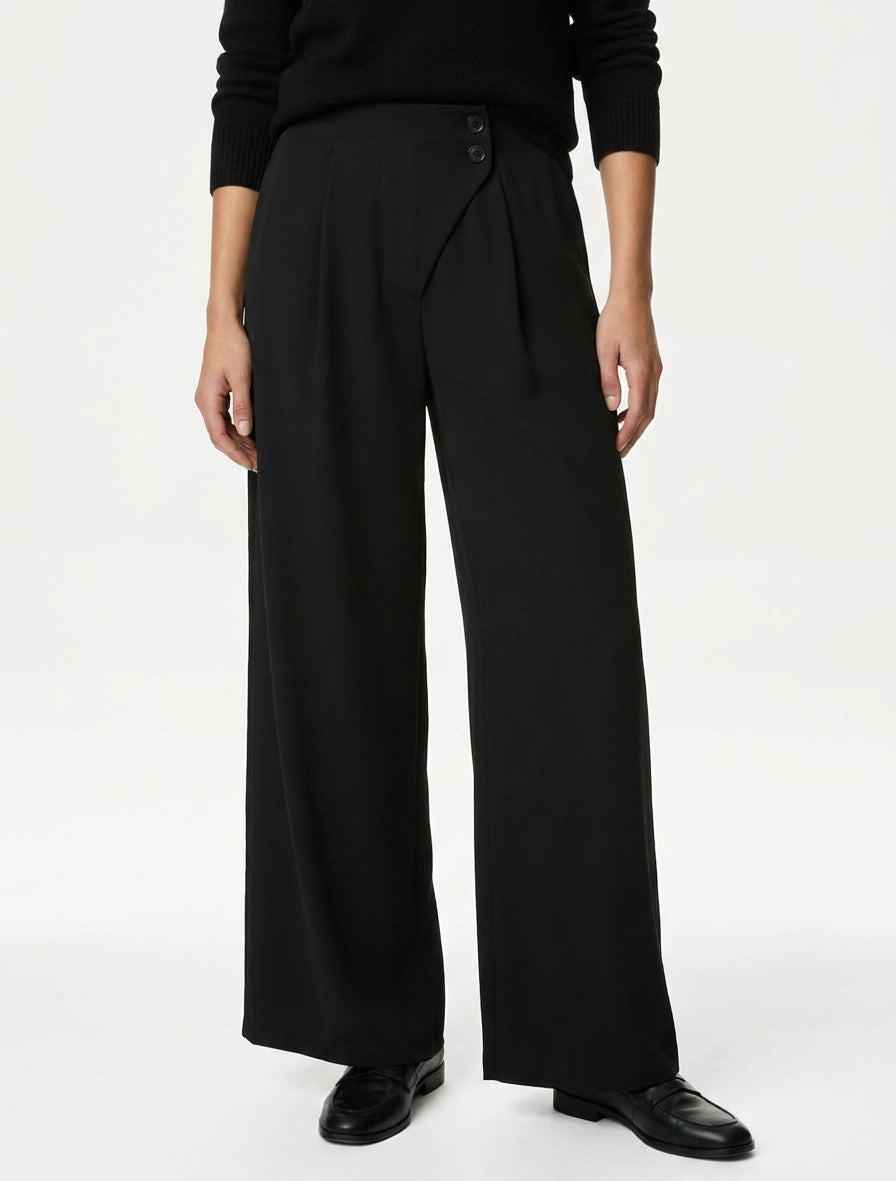 Pantalón liso con cintura elástica - Negro
