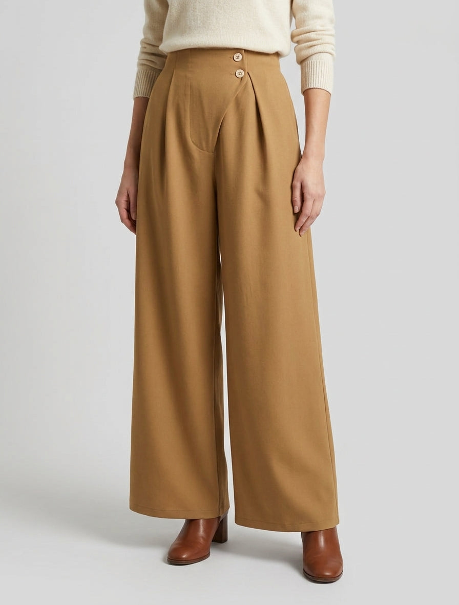 Pantalón liso con cintura elástica - Camello