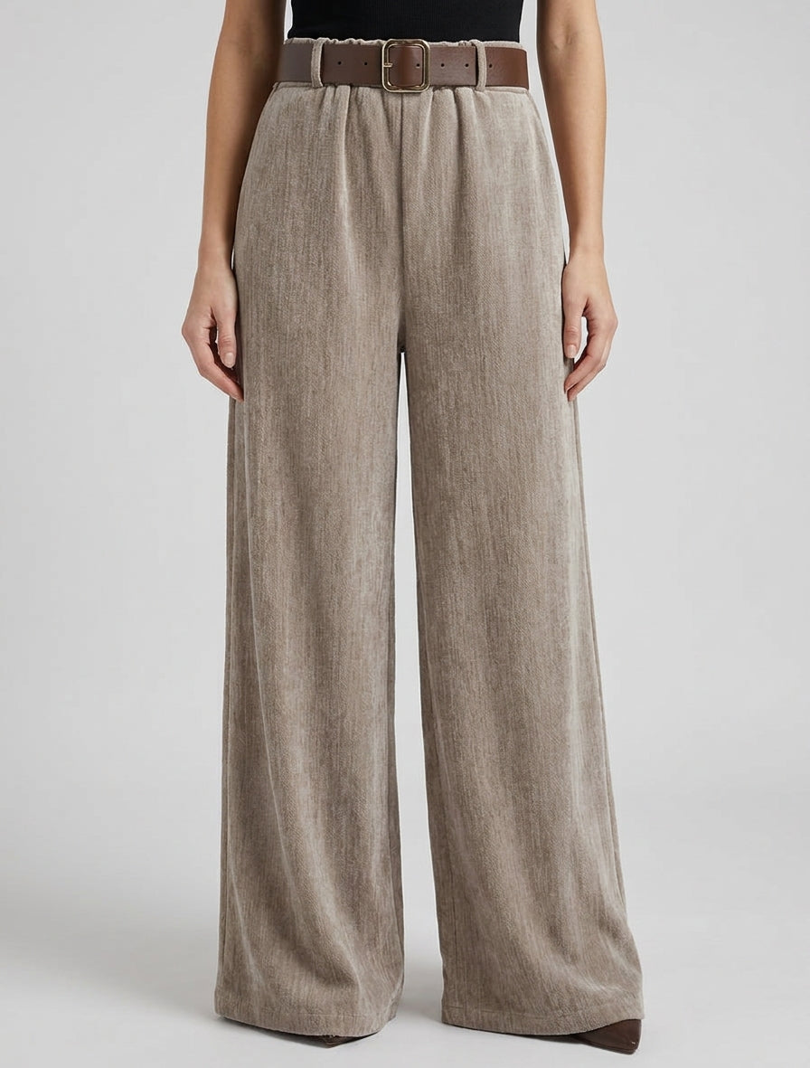 Pantalón efecto terciopelo con cintura elástica. - Topo