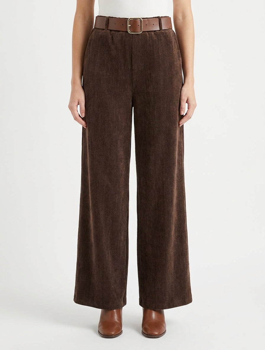 Pantalón efecto terciopelo con cintura elástica. - Marrón