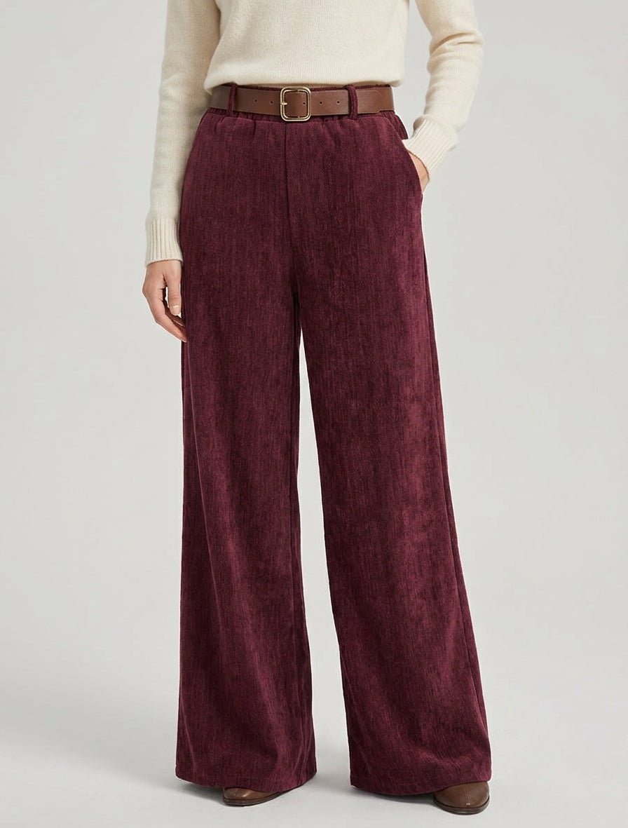 Pantalón efecto terciopelo con cintura elástica. - Color vino
