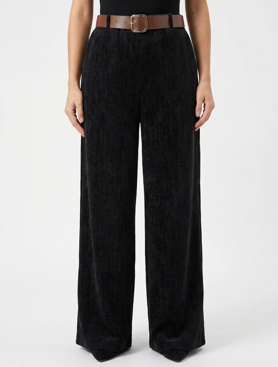 Pantalón efecto terciopelo con cintura elástica. - Negro