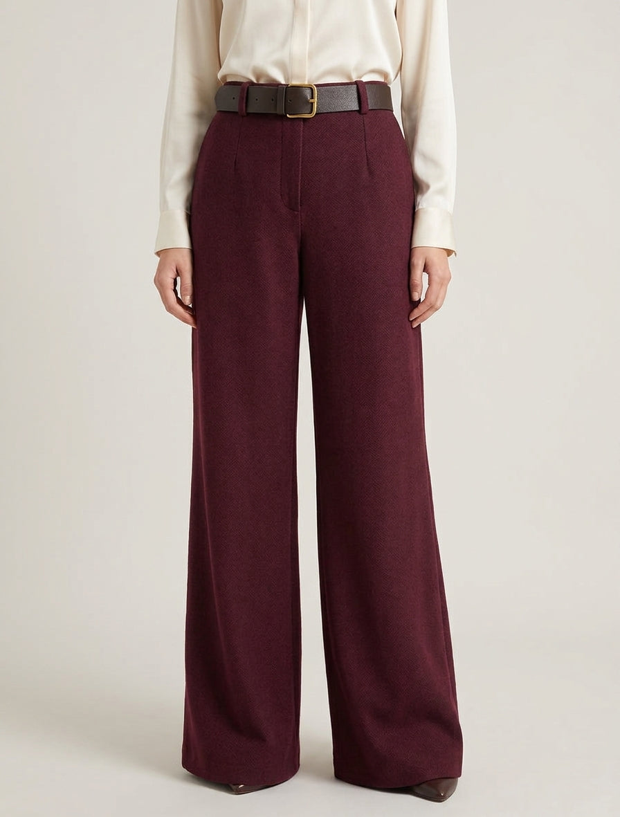 Pantalón holgado de fieltro de talle alto - Color vino