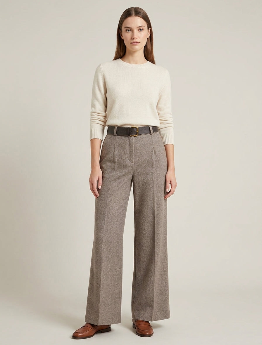 Pantalón holgado de fieltro de cintura alta - Topo