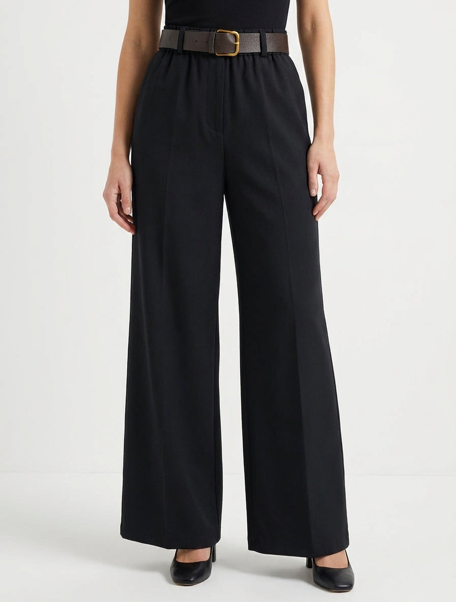 Pantalón ancho liso con cintura alta elástica. - Negro