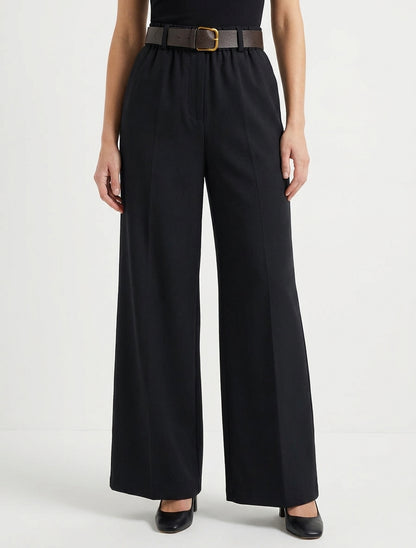 Pantalón ancho liso con cintura alta elástica. - Negro
