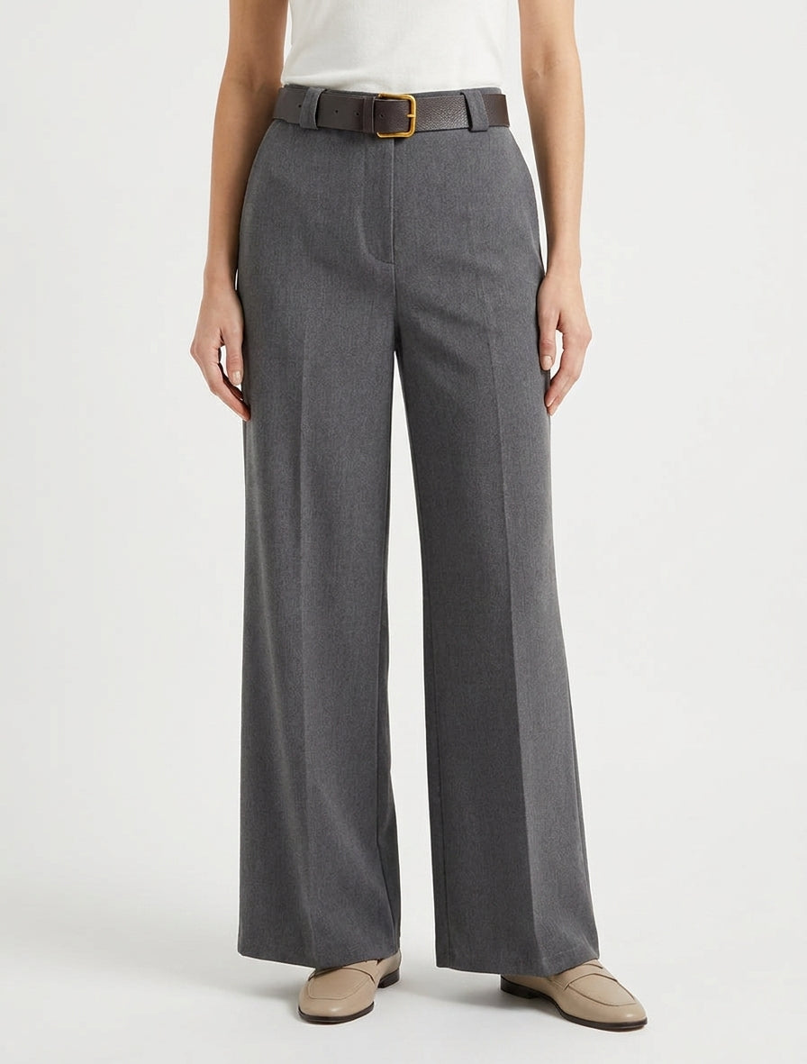 Pantalón ancho liso con cintura alta elástica. - Gris oscuro