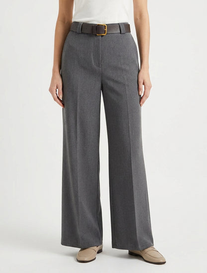 Pantalón ancho liso con cintura alta elástica. - Gris oscuro