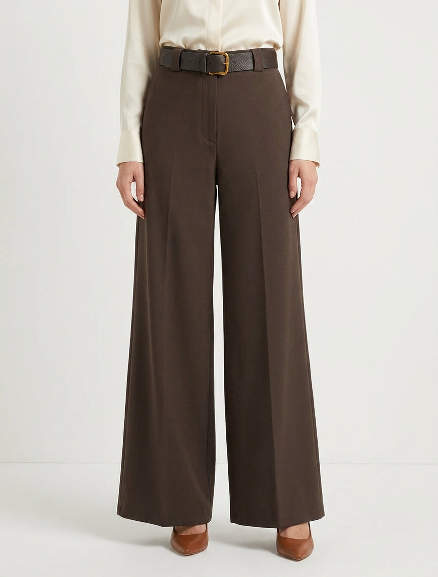 Pantalón ancho liso con cintura alta elástica. - Marrón