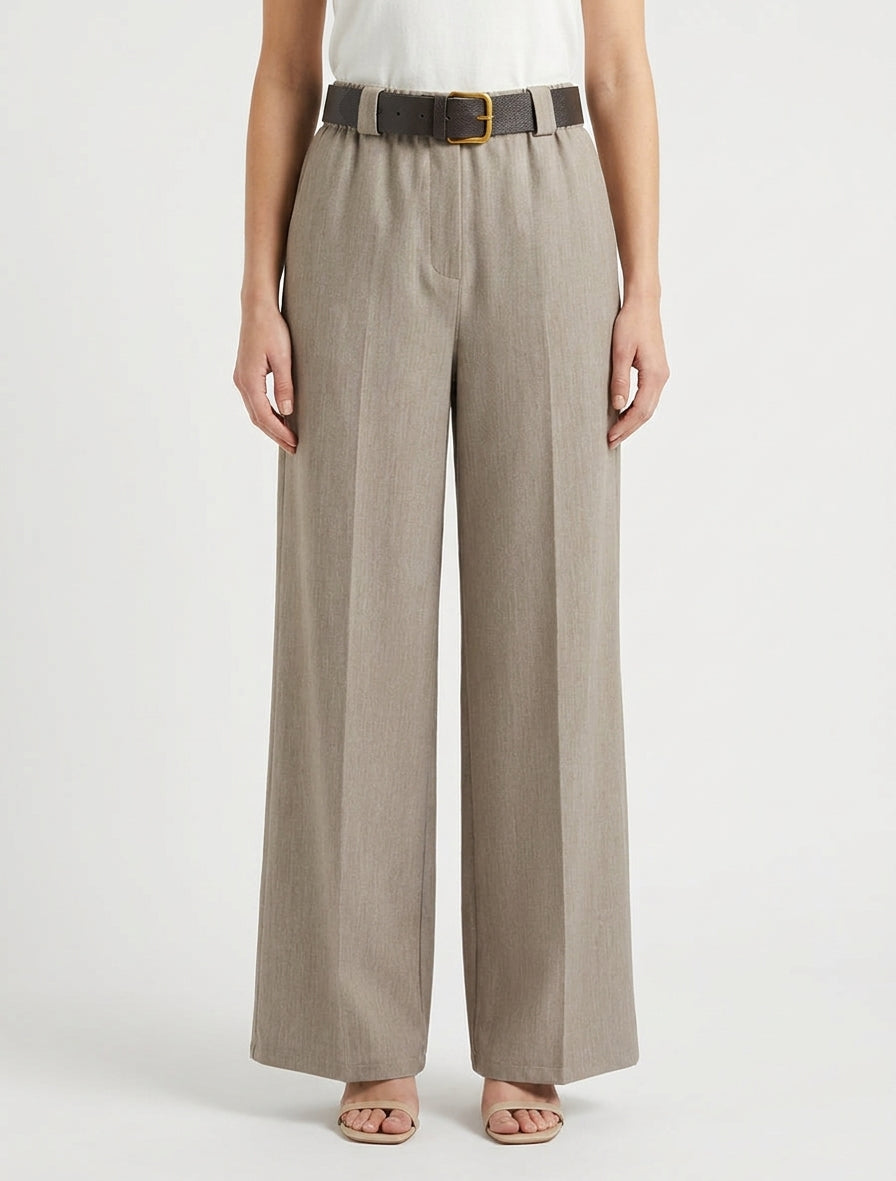 Pantalón ancho liso con cintura alta elástica. - Topo
