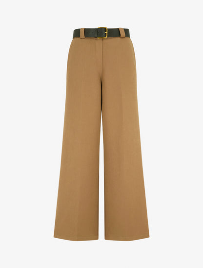 Pantalon ample uni à taille haute élastiquée - Camel - 1