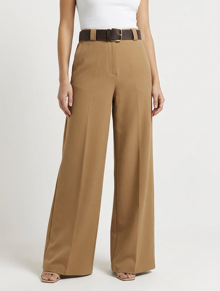 Pantalón ancho liso con cintura alta elástica. - Camello