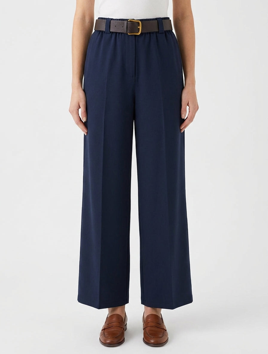 Pantalón ancho liso con cintura alta elástica. - Marine