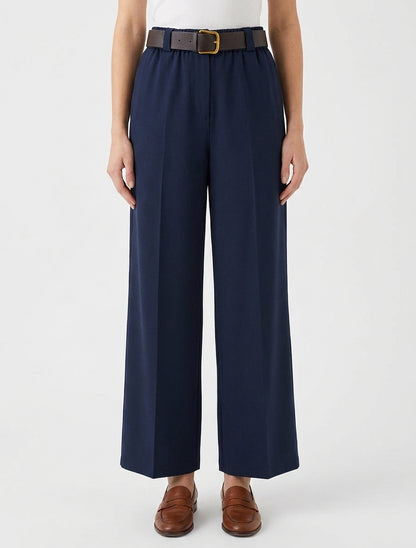Pantalón ancho liso con cintura alta elástica. - Marine