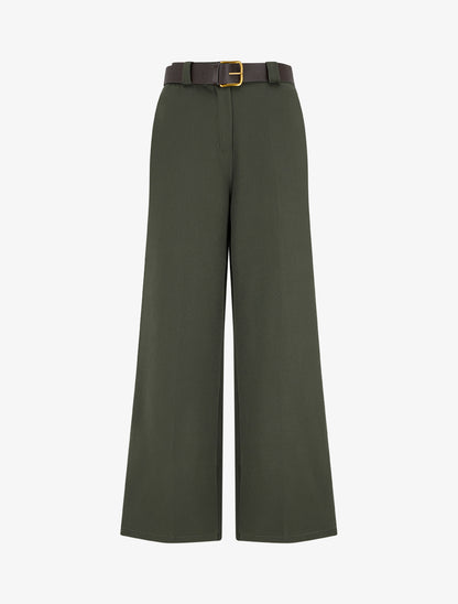 Pantalon ample uni à taille haute élastiquée - Kaki - 1