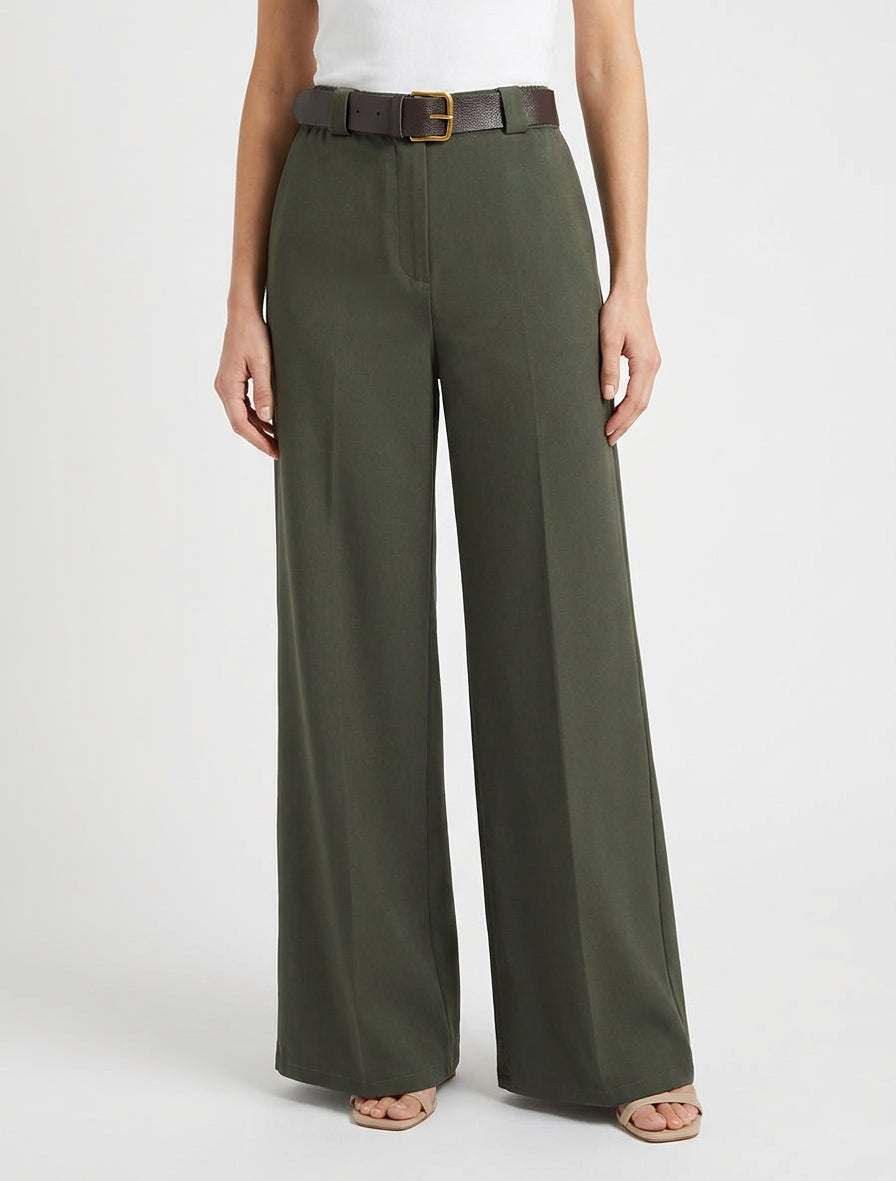Pantalón ancho liso con cintura alta elástica. - Caqui