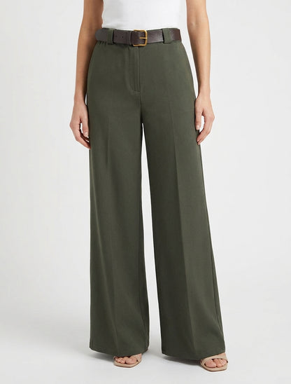 Pantalón ancho liso con cintura alta elástica. - Caqui