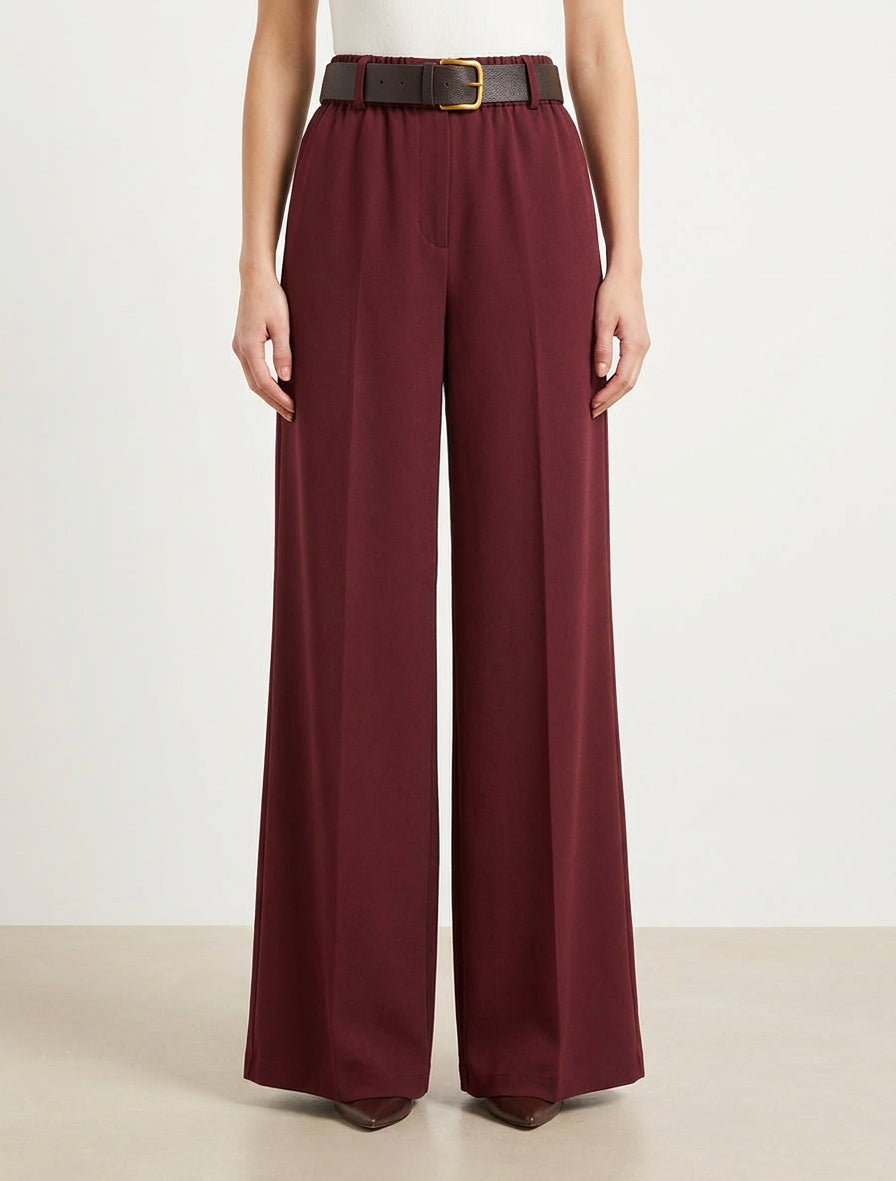 Pantalón ancho liso con cintura alta elástica. - Burdeos