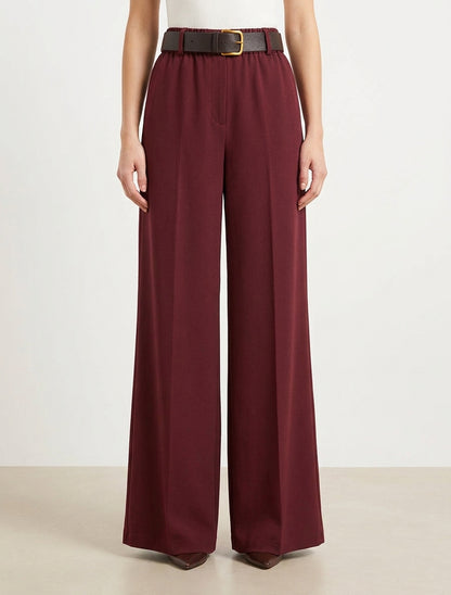 Pantalón ancho liso con cintura alta elástica. - Burdeos