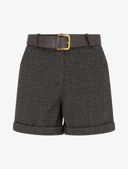 Short droit en feutrine à taille haute et ceinture - Noir - 1