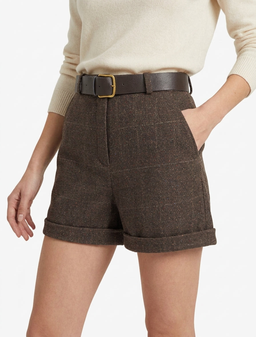 Short de cuadros de talle alto - Marrón