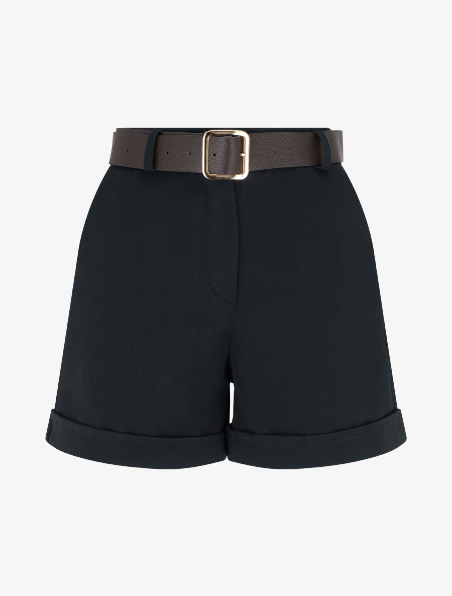 Short à revers ceinturé - Noir - 1