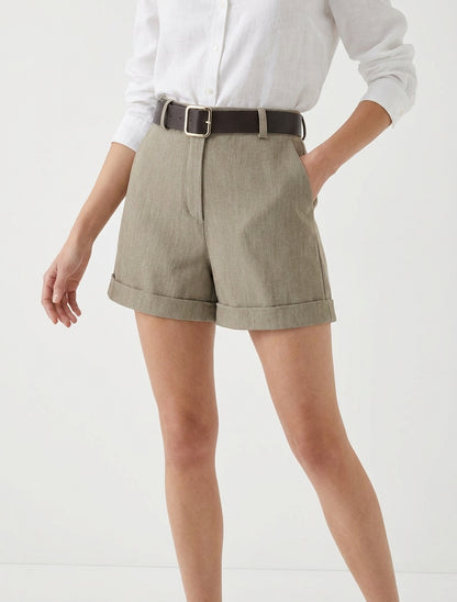 Pantalones cortos con vuelta y cinturón - Topo