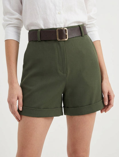 Pantalones cortos con vuelta y cinturón - Caqui