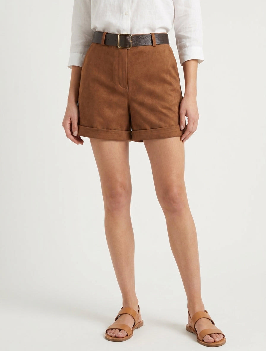 Pantalones cortos con vuelta en gamuza - Camello
