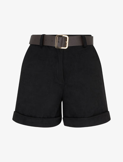 Short à revers en suédine - Noir - 1