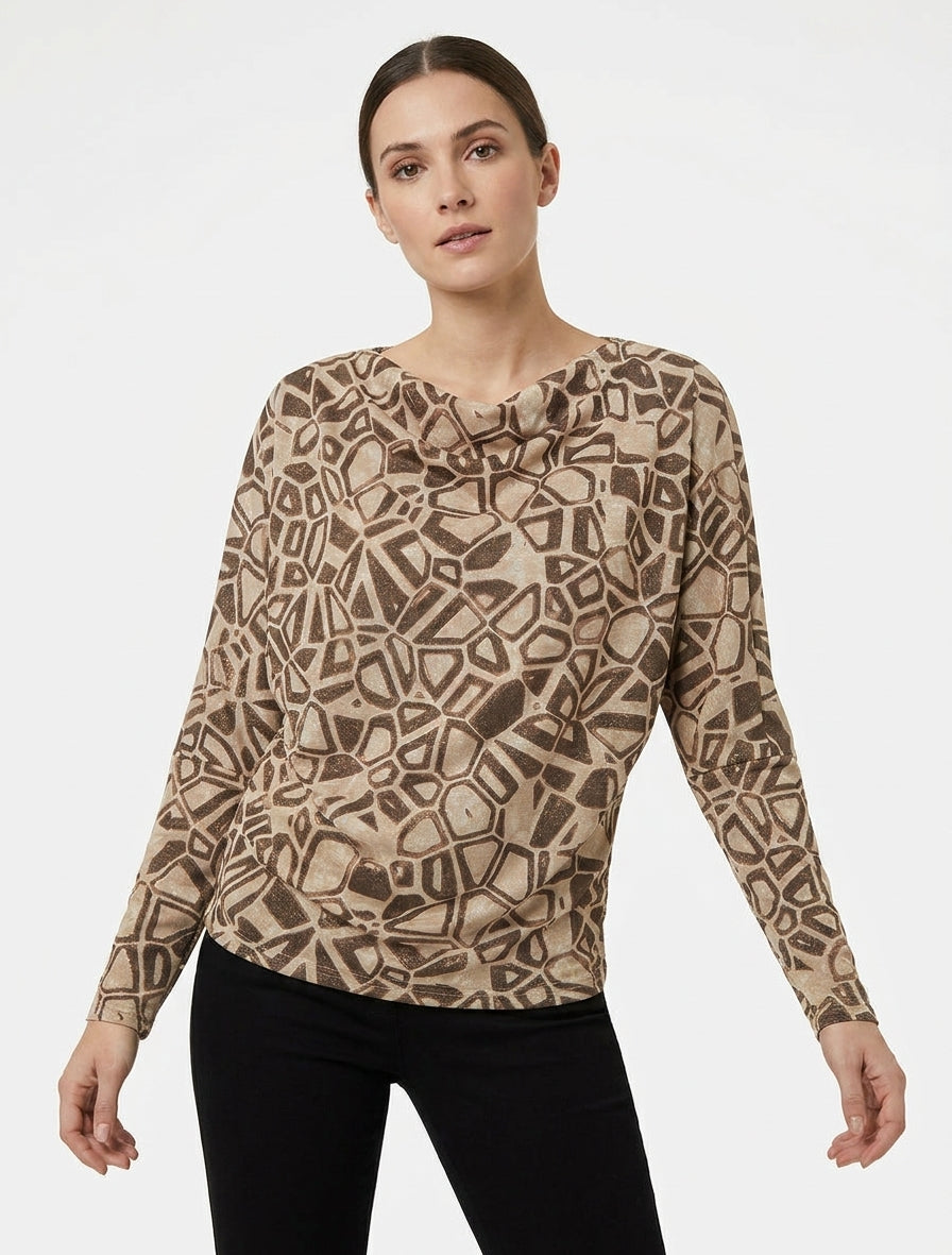 Top irisado con cuello drapeado y estampado gráfico - Marrón