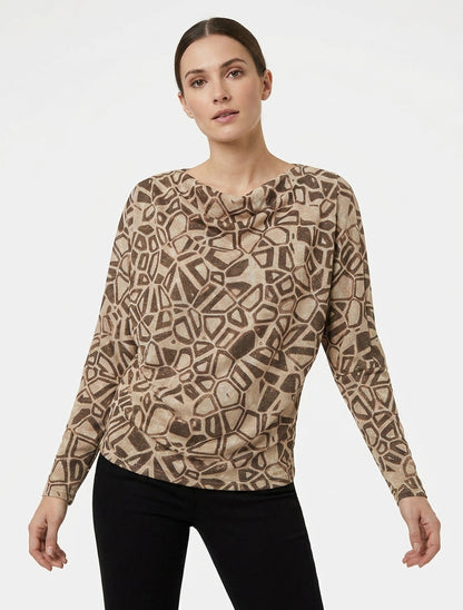 Top irisado con cuello drapeado y estampado gráfico - Marrón