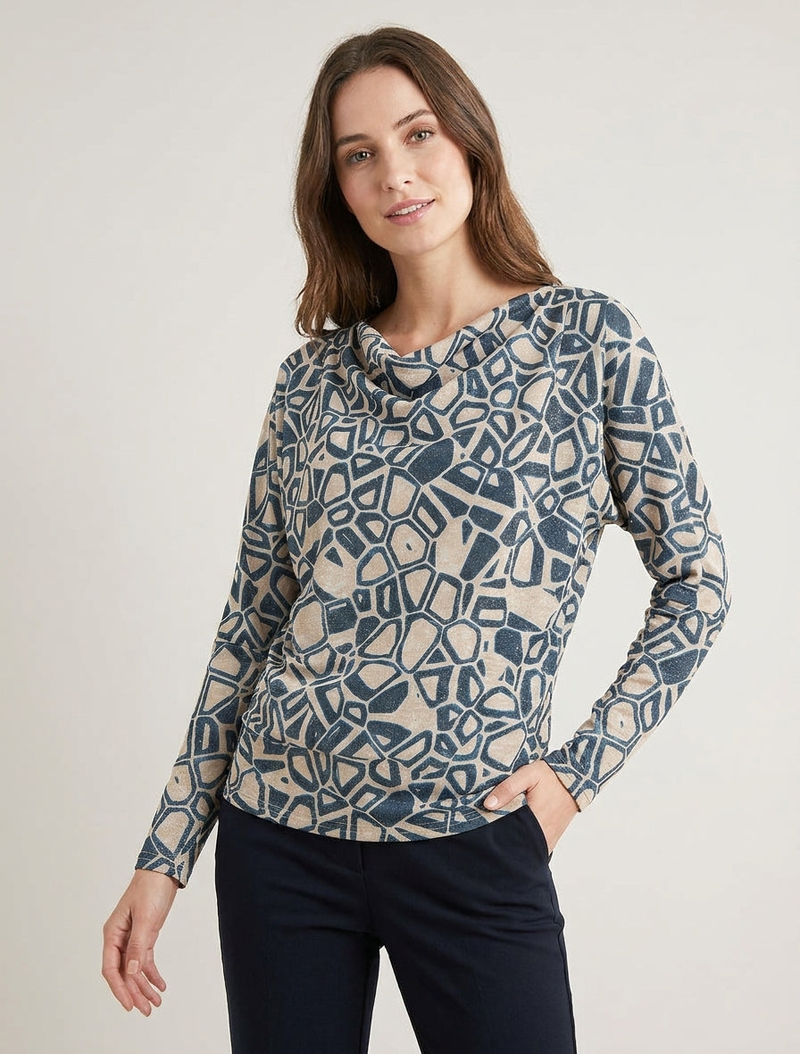 Top irisado con cuello drapeado y estampado gráfico - Azul pato