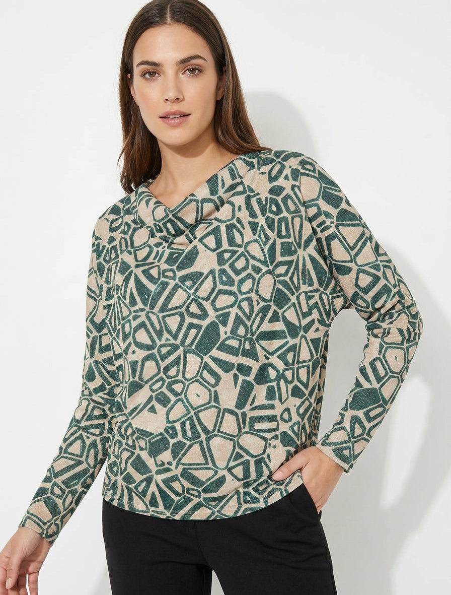 Top irisado con cuello drapeado y estampado gráfico - Verde oscuro