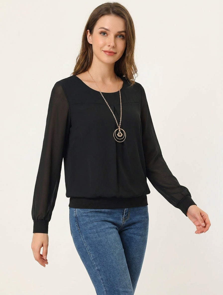 Top de gasa con cuello redondo y mangas largas. - Negro