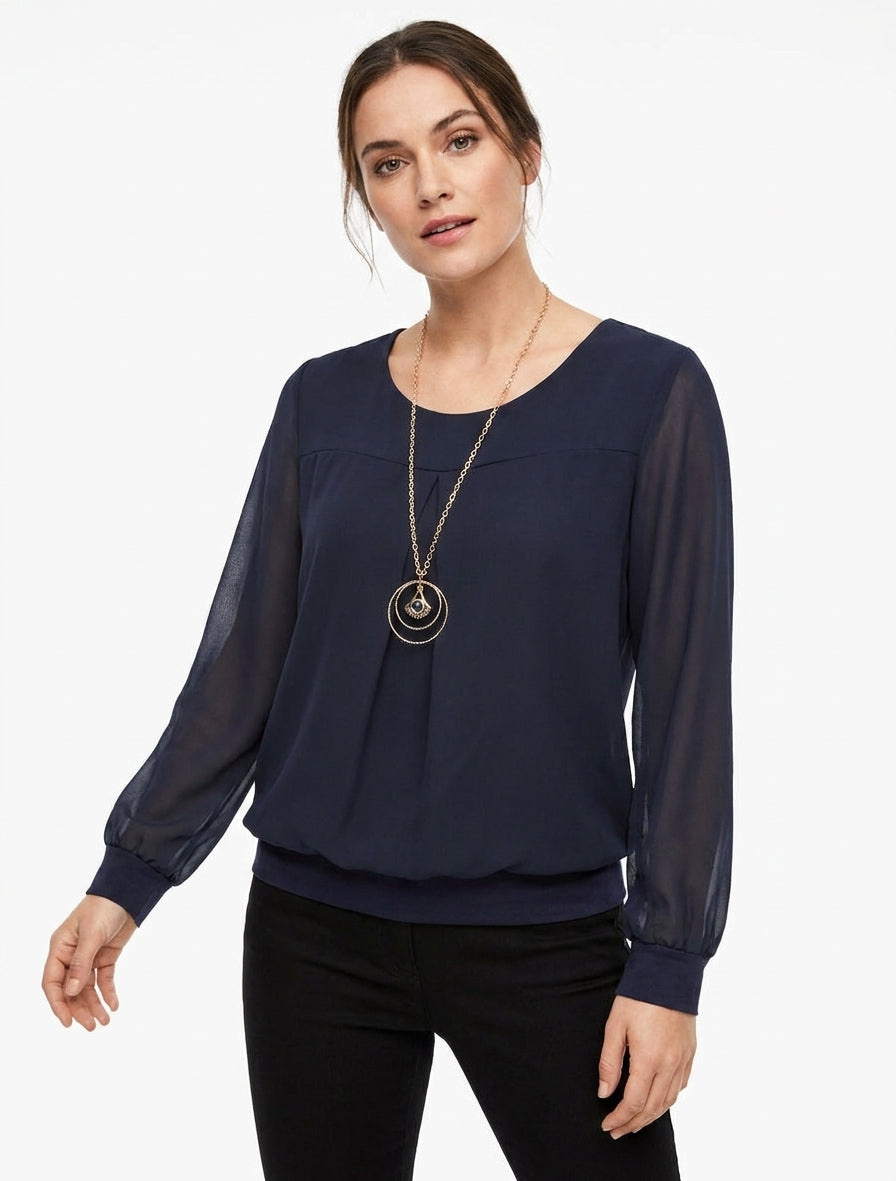Top de gasa con cuello redondo y mangas largas. - Marine