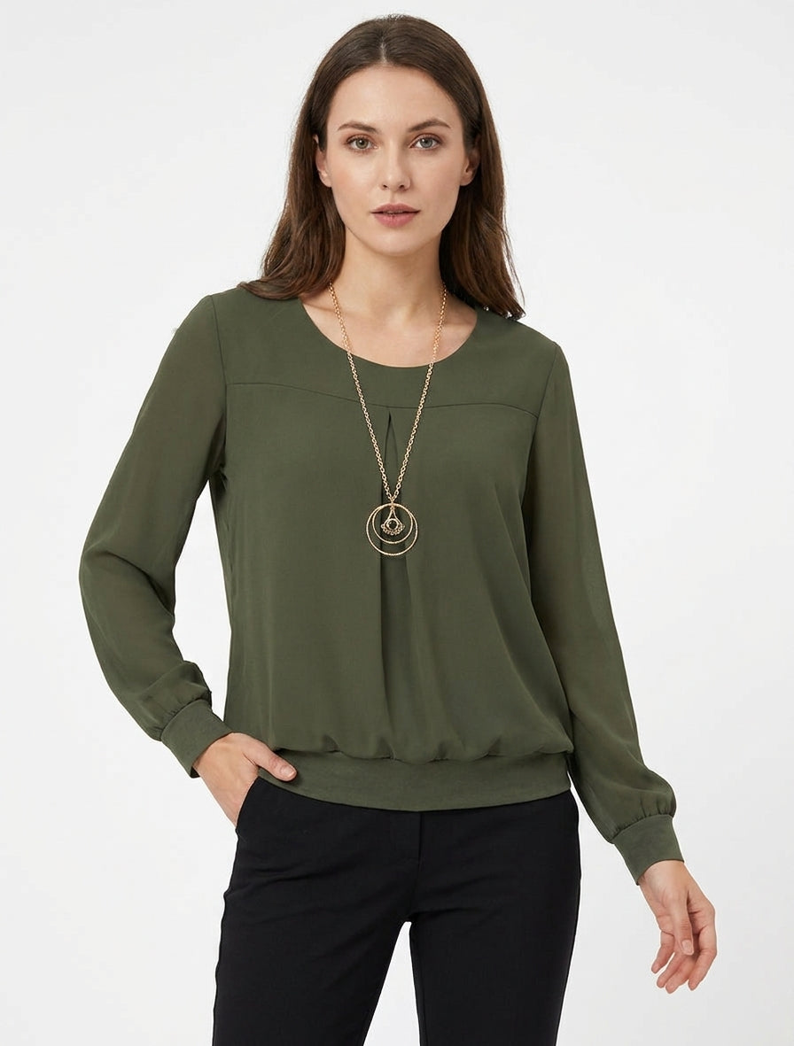 Top de gasa con cuello redondo y mangas largas. - Caqui