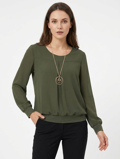 Top de gasa con cuello redondo y mangas largas. - Caqui