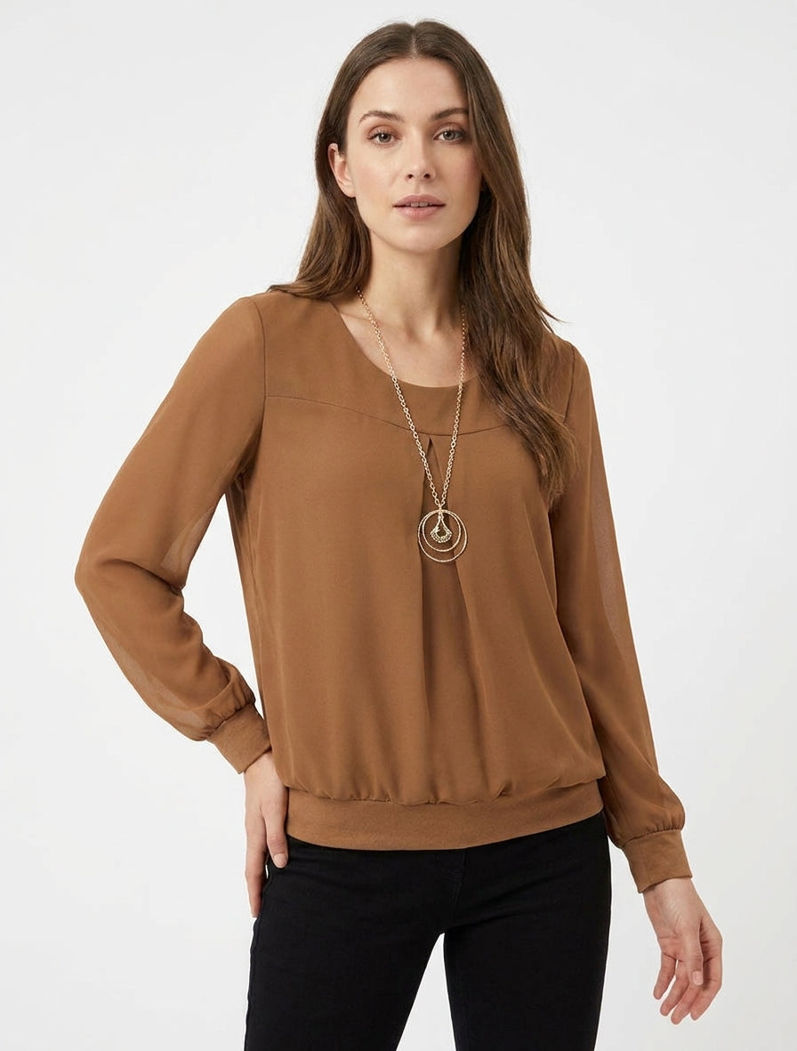 Top de gasa con cuello redondo y mangas largas. - Camello