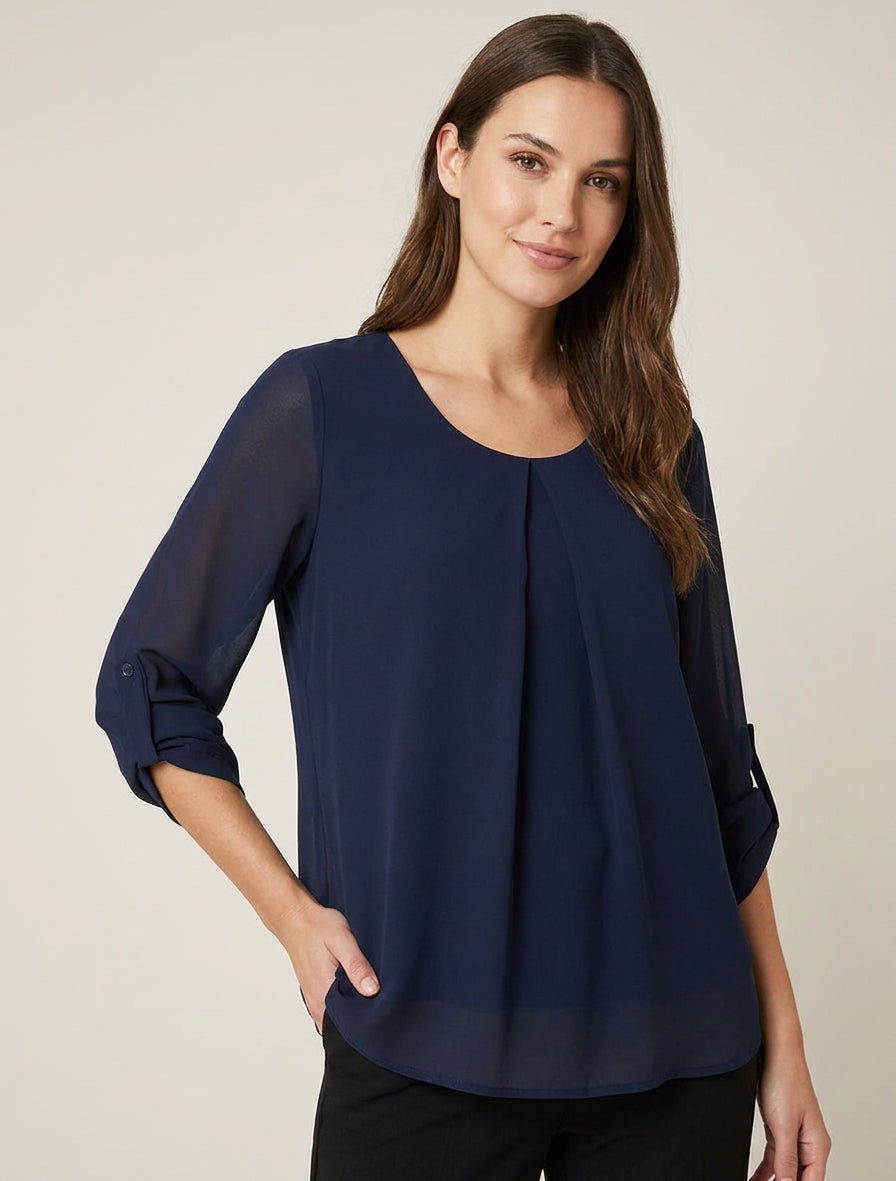 Top liso de voile con mangas arremangables - Marine