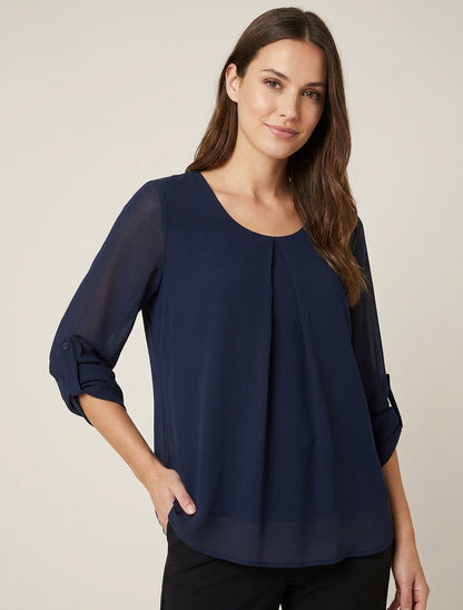 Top liso de voile con mangas arremangables - Marine
