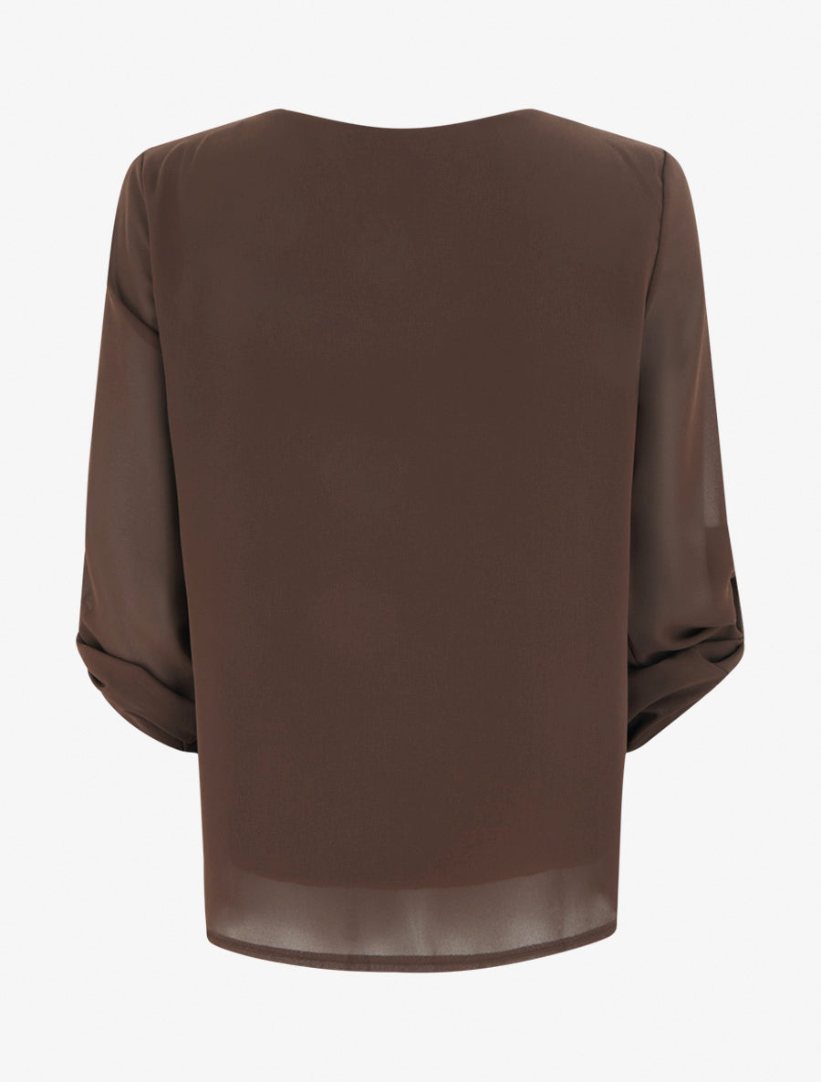 Top uni en voile à manches retroussables - Marron - 2