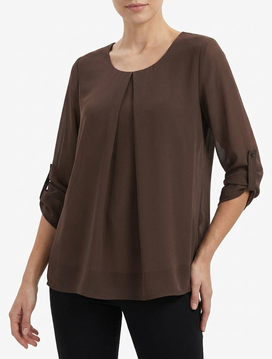 Top liso de voile con mangas arremangables - Marrón
