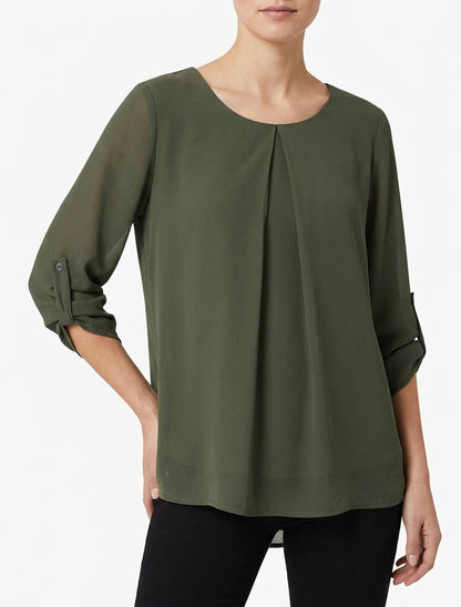Top liso de voile con mangas arremangables - Caqui