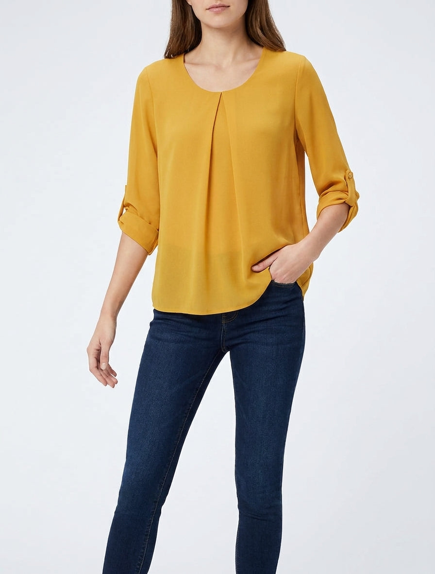 Top liso de voile con mangas arremangables - Mostaza