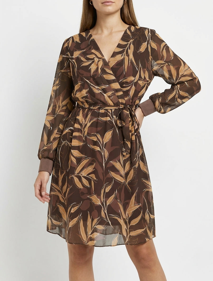 Vestido recto con estampado de follaje - Marrón